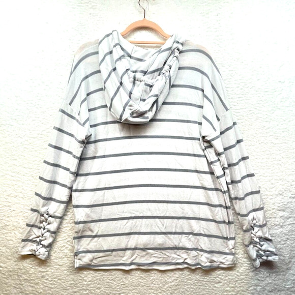 Chaser Womens Hoodie Large Gray White Striped Pullover Knit Athletic Stretch - Picture 2 of 12
